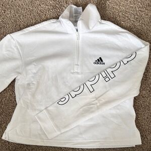adidas White Half-Zip cropped Pullover with Black Logo Sleeve Text